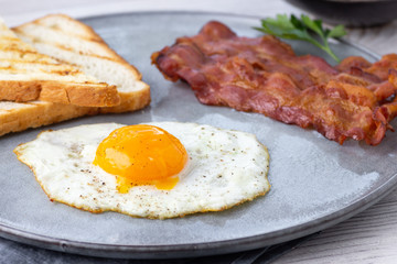 Breakfast - fried bacon pieces and eggs on a plate.