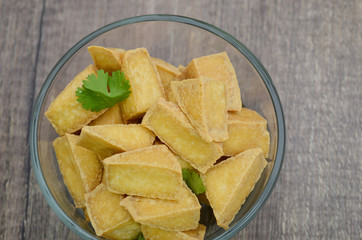 Dry Fried Tofu in glass bowl
