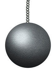 A shiny iron wrecking ball with a metal chain isolated on white