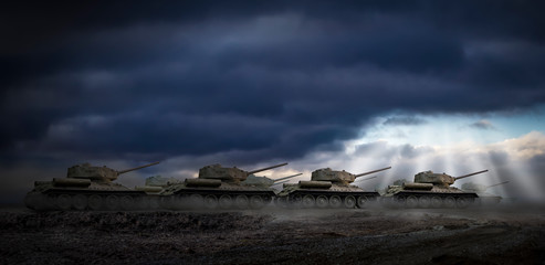 A holy war scene of a group of tanks riding under a dramatic sky into rays of light shining through...