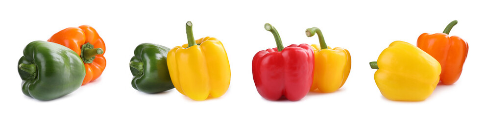 Set of different ripe bell peppers on white background. Banner design