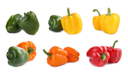 Set of different ripe bell peppers on white background