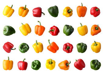 Set of different ripe bell peppers on white background