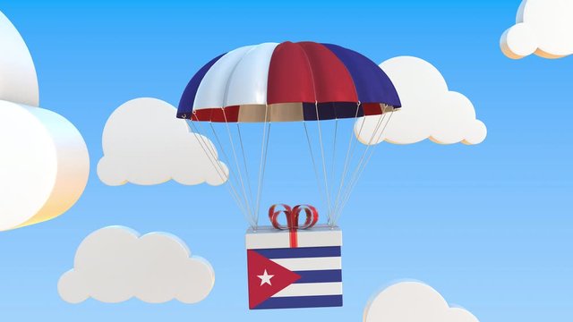 Box with national flag of Cuba falls with a parachute. Loopable conceptual 3D animation