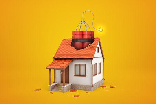 3d rendering of small one-storey house with broken roof and enormous bundle of dynamite sticking out of hole on amber background.