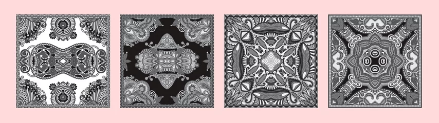 Foto op Aluminium set van vier bandana& 39 s design, zwart en wit paisley, authentiek tapijtdesign © Kara-Kotsya