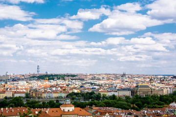 Naklejka na ściany i meble Top view of Prague, the capital of Czech Republic. Cloudy sky.