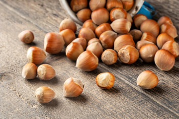 Hazelnuts spilled on a table