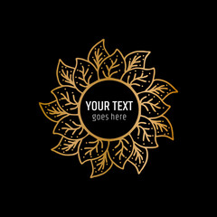 Hand drawn floral frame, leaves ornate template, gold leaf with text place in the center, flower doodle hand drawing 