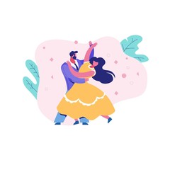 Cartoon couple man and woman dance rhythmically. Character people dance outdoors, cute couple is actively moving.