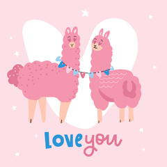 Valentine's day card featuring a cute llama couple. two pink appacas in love greeting Valentine's card. Flat vector illustration