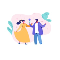 Cartoon romantic man and woman outdoors. Romance between character people. Cartoon cute couple.