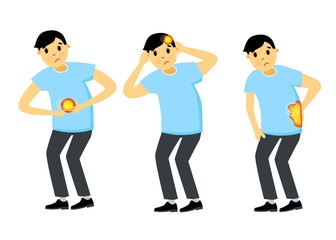 Obraz premium Set of character men with pain in different parts of the body. Backache, abdominal pain, headache, migraine. Vector illustration in cartoon style