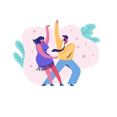 Cartoon dancing people man and woman outdoors. The caricature character of the couple is actively dancing. A cute couple of people move to the music.