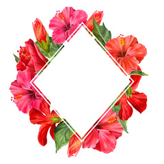 Watercolor rhomb frame with realistic red hibiscus and green leaves. .Trendy tropical flowers isolated on white background. Illustration for design wedding invitations, greeting cards, postcards.
