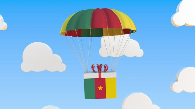 Box with national flag of Cameroon falls with a parachute. Loopable conceptual 3D animation