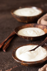 Fototapeta na wymiar Natural homemade organic yogurt in coconut shell bowls on a slate background. Fresh and natural fermented milk product.