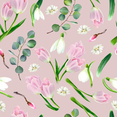 Fototapety  Akwarela kwiatowy wzór z kwiatów tulipanów, przebiśniegi i zielonych liści eukaliptusa. Modny wiosenny design do tkanin, papieru, tekstyliów.