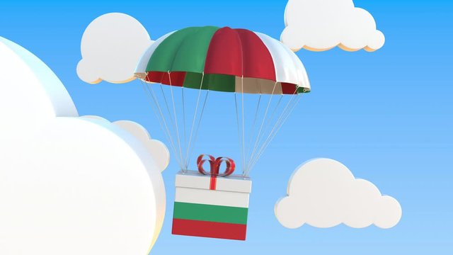 Box with national flag of Bulgaria falls with a parachute. Loopable conceptual 3D animation
