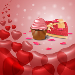 Valentine's day greeting pink card with a cupcake, gift, petals and balloons.
