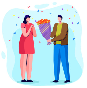 Man give bouquet to woman. People on date or birthday celebration. Lady happy to have roses on party. Romantic atmosphere of couple. Decor like confetti on background. Vector illustration in flat