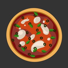 Flat design of pizza margarita on black or dark grey. Vector illustration. Isolated