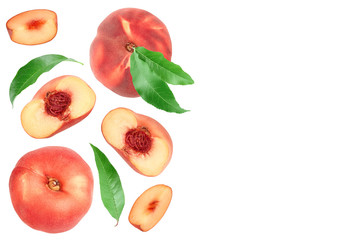 Ripe chinese flat peach fruit and half with leaf isolated on white background with copy space for...