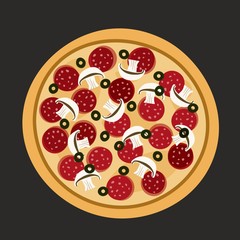 Flat design of pizza on black or dark grey. Vector illustration. Isolated