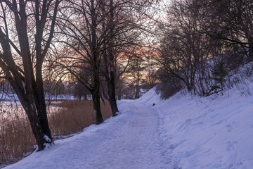Beautiful winter landscape with coast of lake in Trakai, Lithuania in evening time.