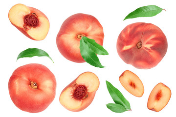 Ripe chinese flat peach fruit and half with leaf isolated on white background. Top view. Flat lay