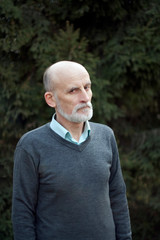 Naklejka na ściany i meble Serious and pensive bald elderly man with a gray beard in a gray jumper