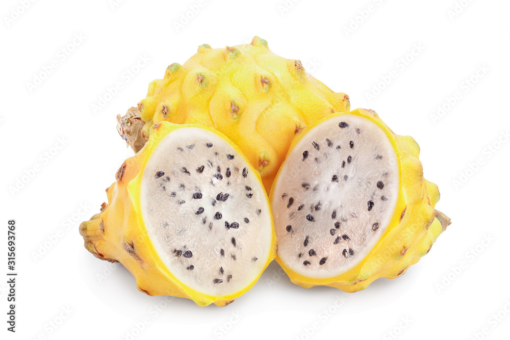 Poster ripe dragon fruit, pitaya or pitahaya yellow isolated on white background, fruit healthy concept