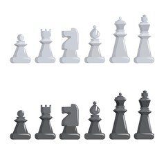 Set of black and white chess pieces. Chess game characters in a row.