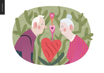 Elderly couple in love - Valentines day graphics. Modern flat vector concept illustration -an old hetoresexual couple holding their hands, a heart shaped plant between. Cute characters in love concept