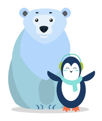 Arctic animals penguin and bear characters standing together on white. Postcard with seal mammal wearing headset and scarf. Holiday card with portrait view of funny wild beast in blue color vector