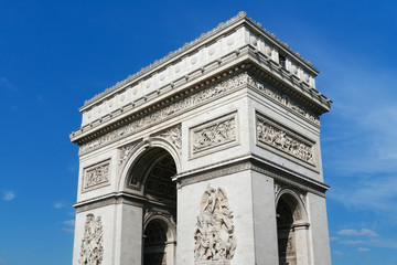 Fototapeta na wymiar View of the famous Triumphal Arch in Paris, France. The Arc de Triomphe honours those who fought and died for France in the French Revolutionary and Napoleonic Wars.