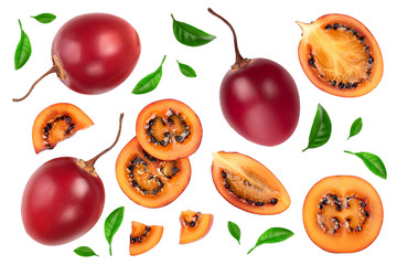 Fresh tamarillo fruit with leaves isolated on white background. Top view. Flat lay