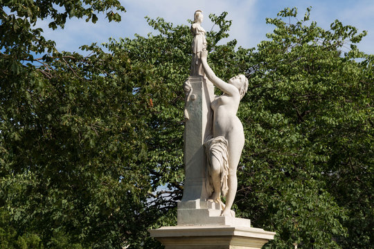 Marble sculpture Cassandra under the protection of Pallas (1877) by Aime Millet (1819-1891) in the Tuileries Park, Paris, France.