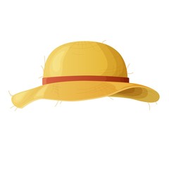 Yellow straw hat with a red ribbon. Accessory, headdress from sun protection on a white background.