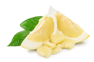 slice of pomelo with leaf isolated on white background