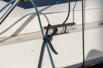Mooring ropes on yacht. Yachting equipment.