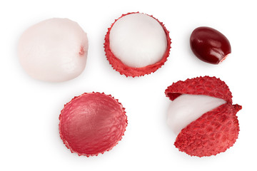 lychee fruit isolated on white background with clipping path and full depth of field, Set or collection. Top view. Flat lay
