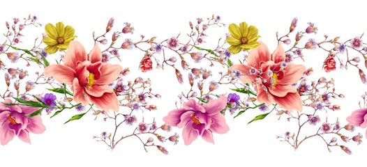 Watercolor painting of leaf and flowers, seamless pattern on white background