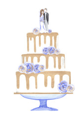 Wedding cake with lila flowers, gold elements.  Isolated elements on a white background.  Stock illustration hand painted in watercolor.