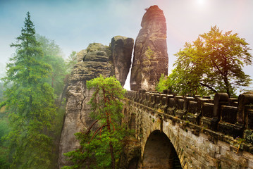 Bastei - View of beautiful rock formation in Saxon Switzerland National Park from the Bastei bridge - Elbe Sandstone Mountains near Dresden and Rathen - Germany.