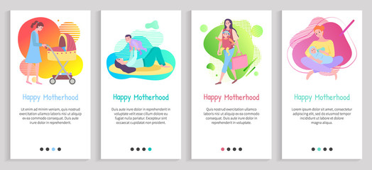 Happy motherhood vector, mommy feeding kiddo with organic food, mom playing with child holding on hands and raising, toddler in perambulator. Website or slider app, landing page flat style