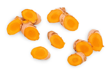 turmeric root slices isolated on white background. Top view. Flat lay