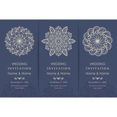 Wedding invitation cards Eastern style blue and beige. Arabic  Pattern. Mandala ornament. Frame with flowers elements. Vector illustration.
