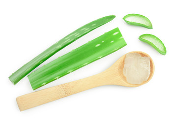 Aloe vera sliced in wooden spoon isolated on white background with clipping path and full depth of field. Top view. Flat lay.