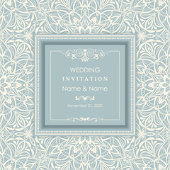 Wedding invitation cards Eastern style blue and beige. Arabic  Pattern. Mandala ornament. Frame with flowers elements. Vector illustration.